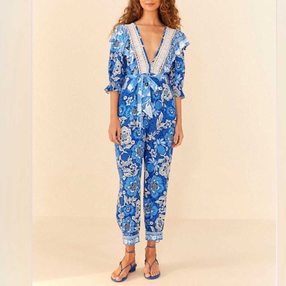 Farm Rio Linen Full of Flowers Blue Floral Lace Ruffle Jumpsuit size XS Bohemian